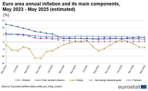 Line chart with five lines showing the development of euro area annual inflation and its four main components monthly during the last two years until May 2025. The four components are: 1) food, alcohol and tobacco, 2) energy, 3) non-energy industrial goods, and 4) services.