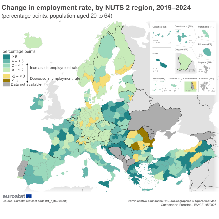 A map of Europe showing change in employment rate by NUTS 2 region between 2019 and 2024, expressed as percentage points, for the population aged 20 to 64. The map shows EU Member States and other European countries.