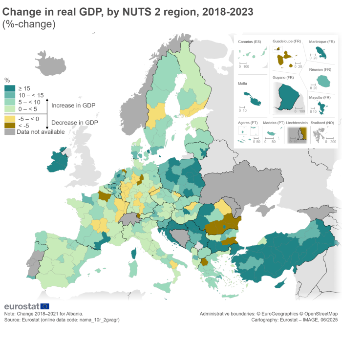 A map of Europe showing change in real GDP by NUTS 2 region between 2018 and 2023, expressed as percentage change. The map shows EU Member States and other European countries.