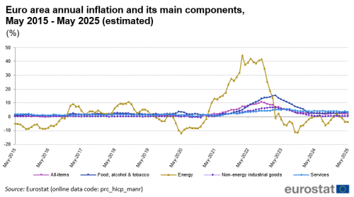 Line chart with five lines showing the development of euro area annual inflation and its four main components monthly during the last two years until May 2025. The four components are: 1) food, alcohol and tobacco, 2) energy, 3) non-energy industrial goods, and 4) services.