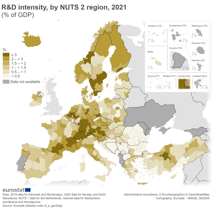 A map of Europe showing Research and Development (R&D) intensity by NUTS 2 region in 2021, as a percentage of GDP. The map shows EU Member States and other European countries.