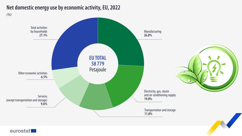 Net domestic energy use by economic activity, EU, 2022 (%)