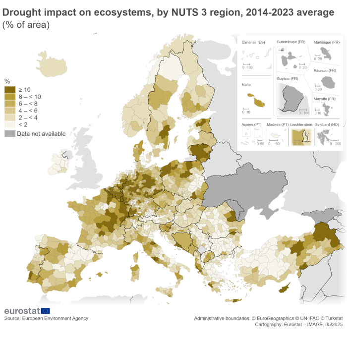A map of Europe showing Drought impact on ecosystems by NUTS 3 region, as a 2014-2024 average, expresses as a percentage of area. The map shows EU Member States and other European countries.