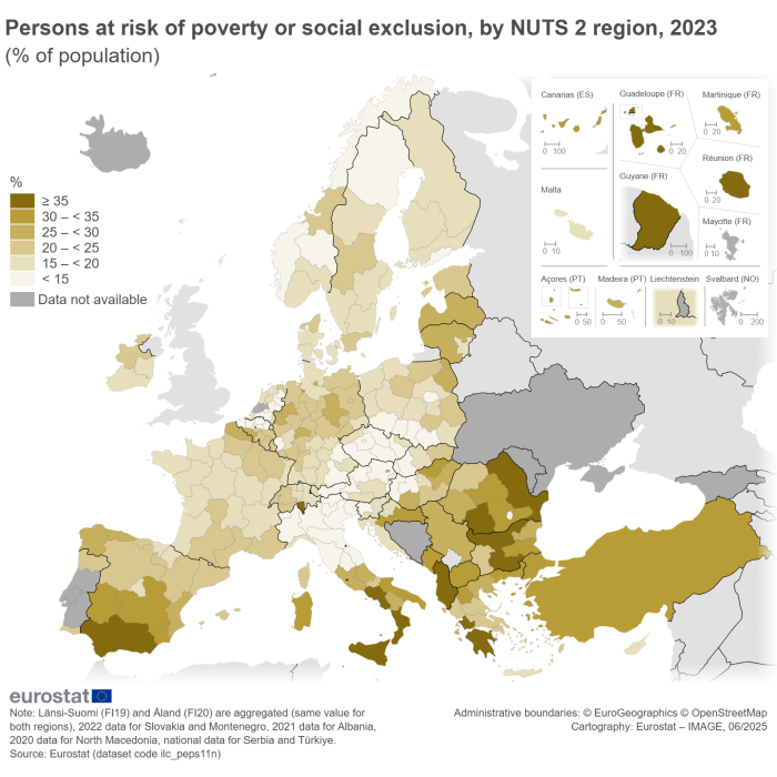 A map of Europe showing of Persons at risk of poverty or social exclusion by NUTS 2 region in 2023, as a percentage of population. The map shows EU Member States and other European countries.